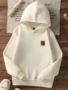 1件青少年男童休闲印花套头卫衣，保暖内衬，长袖，秋冬季 - 杏色 - 查看 4