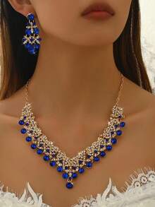 3 件新娘首饰套装：耳环、项链、水钻和方晶锆石，高端婚纱配饰