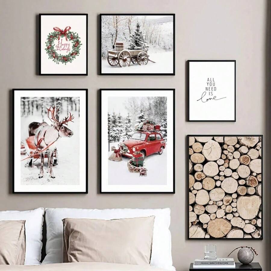 Pictură pe pânză cu peisaj de iarnă și zăpadă, artă de perete, elan, pin, peisaj din lemn, poster și imprimare pentru decor modern de Crăciun pentru casă - Multicolor - Vizualizare 1