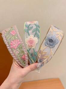 3 piezas Diademas con bordado de flores de estilo retro chino para niñas, tocado de tela floral de ala ancha