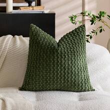 1个橄榄绿波西米亚条纹抱枕套（不含枕芯），柔软灯芯绒纯色装饰方形枕套，适合度假、沙发、卧室、床铺，四季皆宜。
