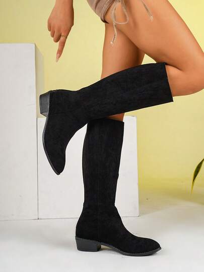 Chunky Heel Suede Over-The-Knee Boots For Women, Back Zipper Long Shaft Fashion Boots