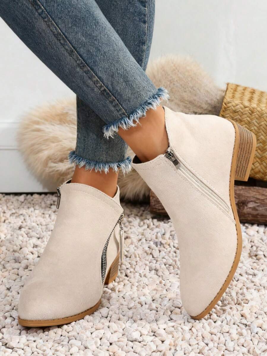2025 Autumn/Winter Women's Fashion Ankle Boots And Short Boots, 2025 New Pointed-Toe Design Fashion Chunky Heel Slim Boots - 米色 - 查看 1