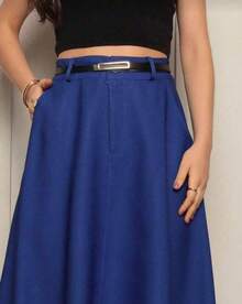 Women's Long Round Skirt Tailoring Evangelical Fashion Casual Basic Winter High Waist Elegant - 寶藍色 - 查看 2
