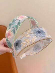 3 piezas Diademas con bordado de flores de estilo retro chino para niñas, tocado de tela floral de ala ancha