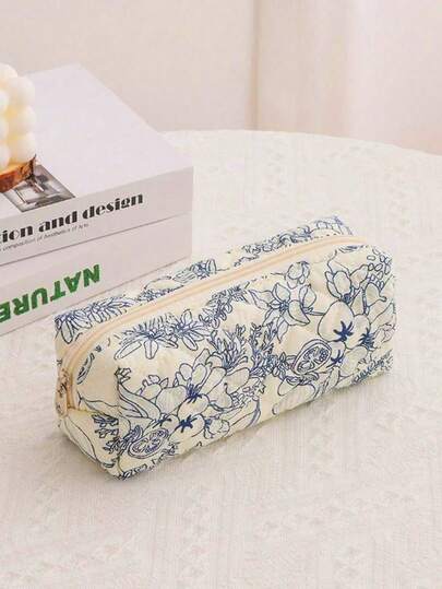 1pc Octagonal Blue & White Porcelain Pattern Multi-Functional Quilted Cosmetic Bag, Pencil Case, Large Capacity Portable Handheld Makeup Bag, Cute Makeup Pouch, Toiletry Bag, Foldable Travel Makeup Bag, Essential For Travel, Cruise, Dorm, Valentine's Day Decor, Valentine's Day Party Gift, Valentine's Day Gift For Her