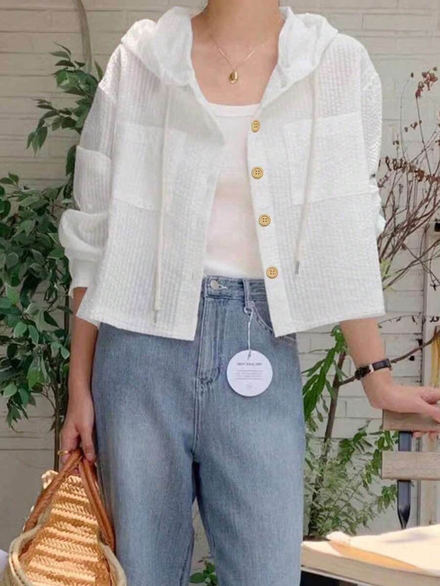 Korean Chic Summer Casual Single-Breasted Striped Contrast Color Loose Fit Long Sleeve Hooded Shirt For Women - White - View 1