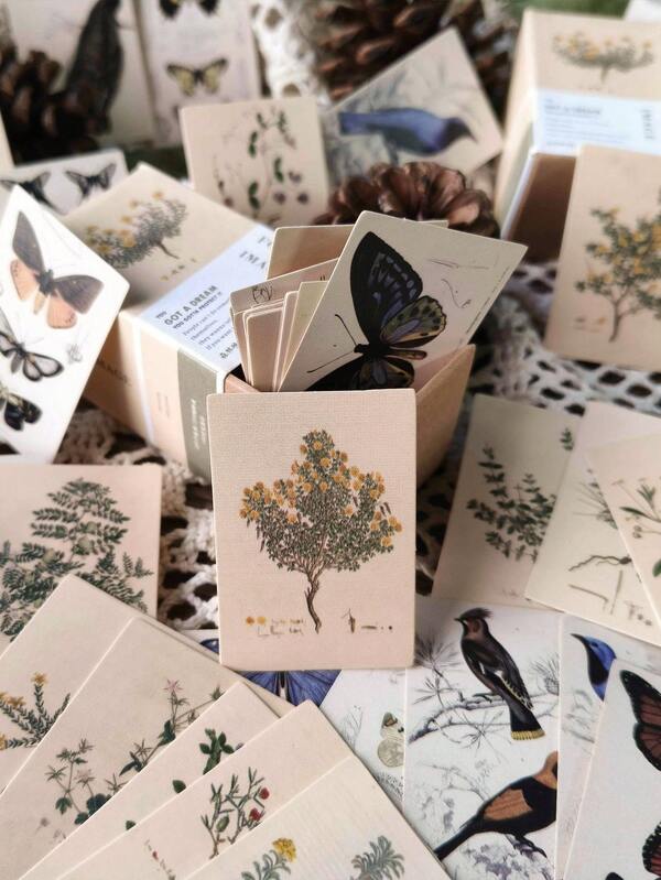 100 piezas/paquete Tarjetas de notas mini vintage con hojas, de doble cara, material de scrapbooking, útiles escolares, animales del bosque, insectos, flores, mariposas, planificador, fondo DIY, papelería