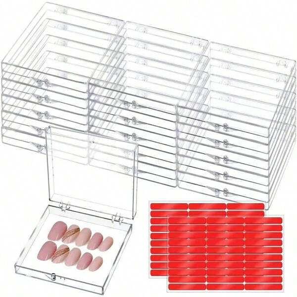 CloudTrip 15 Pcs Large 8 X 8cm Press On Nail Packaging Storage Box And 60pcs Adhesive Tabs Acrylic Organizer Case For Artificial Nail Business Supplies (Clear 15 Pack)