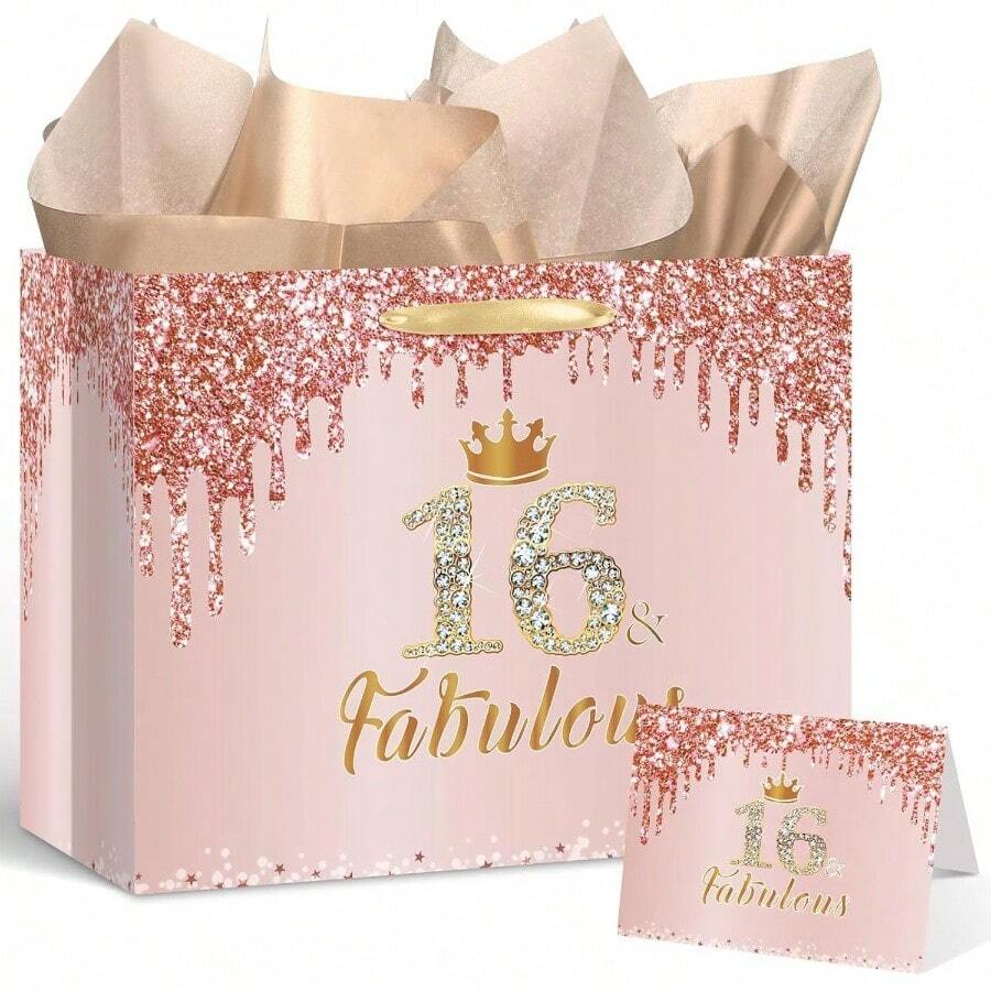 Gold 16 Fabulous 16th Birthday Bag Large Pink Happy Sweet 16th Birthday Bag With Wrapping Paper Card 16th Sixteen Bday Decorations Party Supplies - 玫瑰金 16 & Fabulous - 查看 1