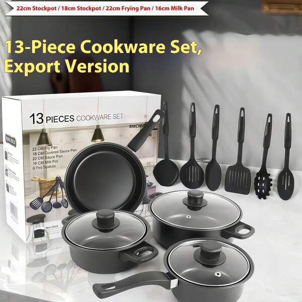13pcs Cookware Set, Full Kitchen Cooking Pot Pan Set, Non-Stick Coating, Heat-Resistant Handles, Tempered Glass Lids, Frying Pan, Soup Pot, Milk Pot, Various Pots And Spatulas