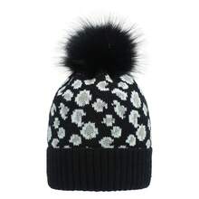 Custom Knitted Leopard Print Fuzzy Pom Pom Beanie Hat