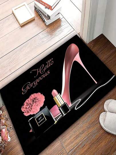 1 pezzo Nuovo zerbino da interno con design di scarpe con tacco alto e cosmetici, adatto per soggiorno, camera da letto - lavabile in lavatrice