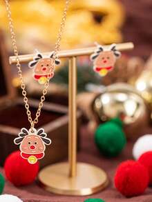 3pcs/Set Fashionable & Elegant Christmas Reindeer Pendant Earrings And Necklace Jewelry Set, Suitable For Women's Daily Wear And Christmas Decoration, Best Gift For Family, Classmates And Friends