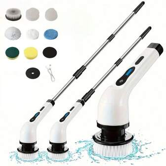 Upgraded Electric Cleaning Brush, Electric Rotary Floor Washer, Cordless Electric Rotary Washer, With 9 Replaceable Brush Heads And Adjustable Extended Handle, 360-Degree Cordless Cleaning, Suitable For Cleaning Bathrooms, Bathtubs, Tiles, Floors, USB-C Charging Cable, Rotary Cleaning Brush.