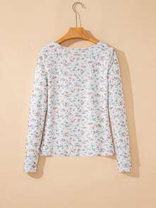Acelitt Spring And Autumn Women's White Flower Printed Texture Square Neck Slimming Long Sleeve Top