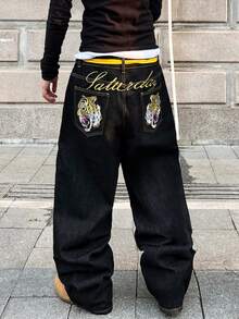 1 szt. Jeansy Justice Brother z haftem, luźne, uniwersalne, z szerokimi nogawkami, wygodne, całoroczne, streetwearowe (pasek i dodatki nie są dołączone)