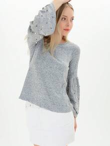 Soft, Wide-Sleeved, Flounced, Pearl-Accessed Blouse - Light Grey - View 2