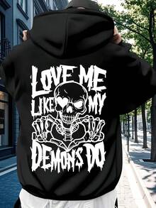 Vient avec des trucs cool ! sweat-shirt à capuche pour hommes avec imprimé texte style démon, indispensable pour l'automne et l'hiver - Noir - Voir 12