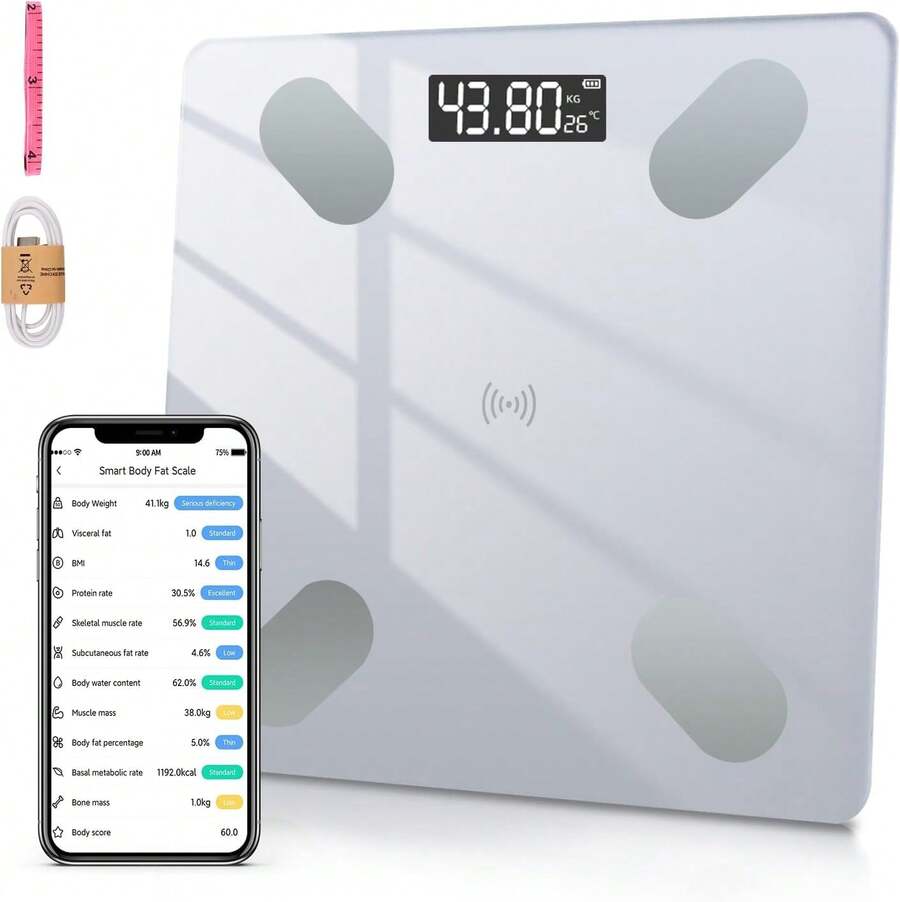 Báscula Digital Corporal, Báscula Inteligente Bluetooth 4.0, Balanza Digital de Grasa Recargable USB, Análisis Múltiple de Datos, Pesa hasta 180 kg, Compatible iOS y Android, Gestor de Peso Perfecto - Blanco - Ver 1