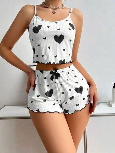 Conjunto de Pijama Feminino com Estampa de Coração Verão Canelado