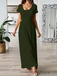 Vestido largo casual para mujer detalle fruncido elástico holgado cuello redondo manga corta primavera verano hogar playa - Verde militar - Ver 2