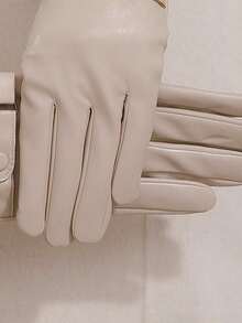 1 双女士皮手套，带毛茸茸袖口，时尚保暖内衬触摸屏手套，防水防风 PU 皮手套 - 米色毛口皮帶扣 - 查看 6