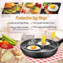 Juego de anillos redondos para huevos de acero inoxidable, molde moldeador de huevos con mango de silicona anti-escaldaduras, anillo antiadherente para cocinar huevos para freír - Negro - Ver 7