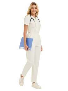 cimmuovere Women's Solid Color V-Neck Short Sleeve Scrub Top And Loose Straight Pocket Scrub Pants, Nurse Scrubs Workwear For Dentist, Healthcare, Pet Hospital, Laboratory - Apricot - View 4