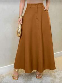 Women's Long High-Waisted Skirt With Pockets On Both Sides - Marrón - Ver 2