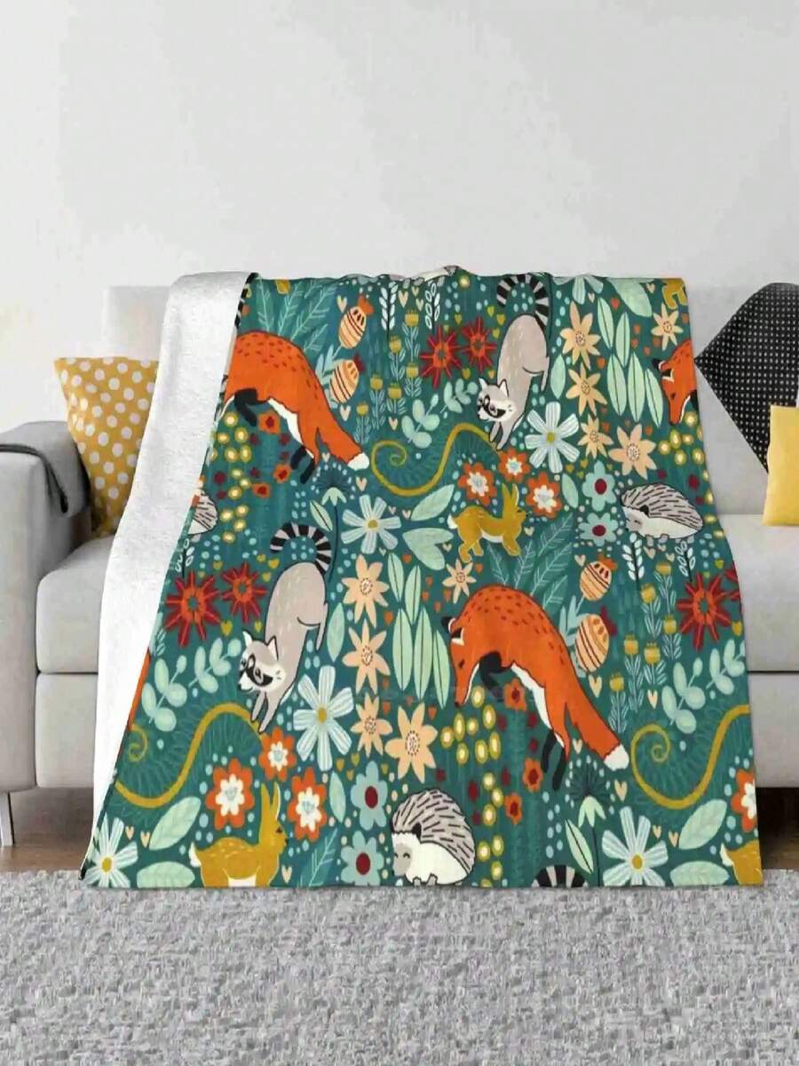 Textured Woodland Pattern Low Price New Print Novelty Fashion Soft Warm Blanket Rabbit Bunny Floral Leaves Flowers Hand Drawn - màu đen - Xem 1