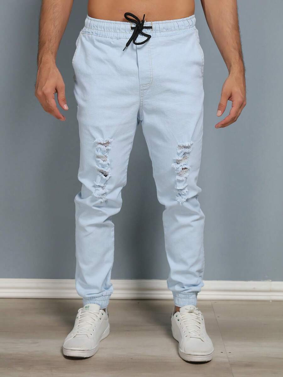 Men's Ripped Jogger Pants With Elastic - Baby Blue - View 1