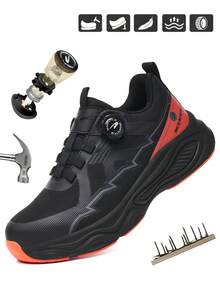 Calçados de trabalho industriais masculinos para armazém, calçados de leves, respiráveis, de alta elasticidade e antiderrapantes para esportes ao ar livre, com biqueira de aço, antifuro, fivela rotativa, calçados de proteção de trabalho (formato pequeno pela metade do tamanho)