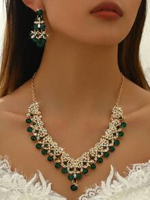 3 件新娘首饰套装：耳环、项链、水钻和方晶锆石，高端婚纱配饰