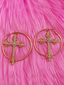 1 Pair Retro Alloy Gothic Cross Crystal Decor Hoop Earrings, Women Fashionable Earrings For Holidays And Daily Wear - 彩色 - 查看 6