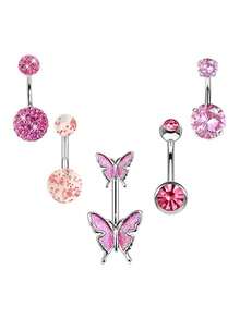 4/5/8/10pcs Body Jewelry Set, Cubic Zirconia Flower, Butterfly & Heart Decor 14G Stainless Steel Navel Piercing Rings, Suitable For Daily, Party, Holiday Gift, Beach