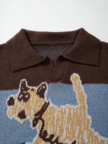 Suéter masculino casual, folgado e quente, com blocos de cores, estampa de cachorro fofo e letras em inglês, estilo retrô vintage, ideal para outono e inverno.