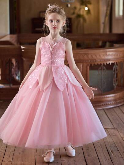 女孩粉色公主裙，蓬松薄纱派对裙