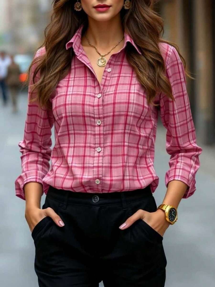 Women's Pink Plaid Button Front Long Sleeve Regular Shirt Collar Polyester Blouse Top Chic Women's Plaid Print Button Front Regular Sleeve Polyester Blouse With Shirt Collar Elegant Women's Polyester Striped Shirt Blouse Long Sleeve With Classic Shirt Collar And Regular Hem For Everyday Wear Shirts Fall Clothes For Women - Pink - View 1