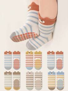 6 Pares de Meias de Bebê Antiderrapantes para Engatinhar, Estampa Aleatória de Urso Fofo Listrado, Bottom Macio, Adequado para Uso Diário