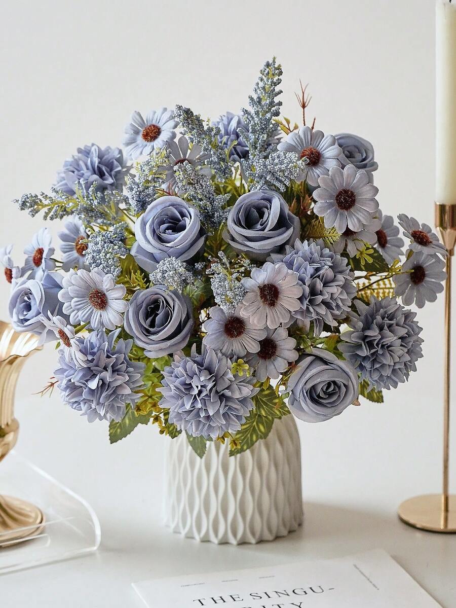1pc/3pcs Artificial Flowers, Silk Rose, Daisy, Dandelion Bouquet, Suitable For Wedding, Home, Party Decor, Tabletop Centerpiece - Dusty Blue - View 1