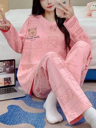 女士睡衣两件套，长袖上衣和长裤，吸湿透气，适合春秋季和秋冬季穿着。
