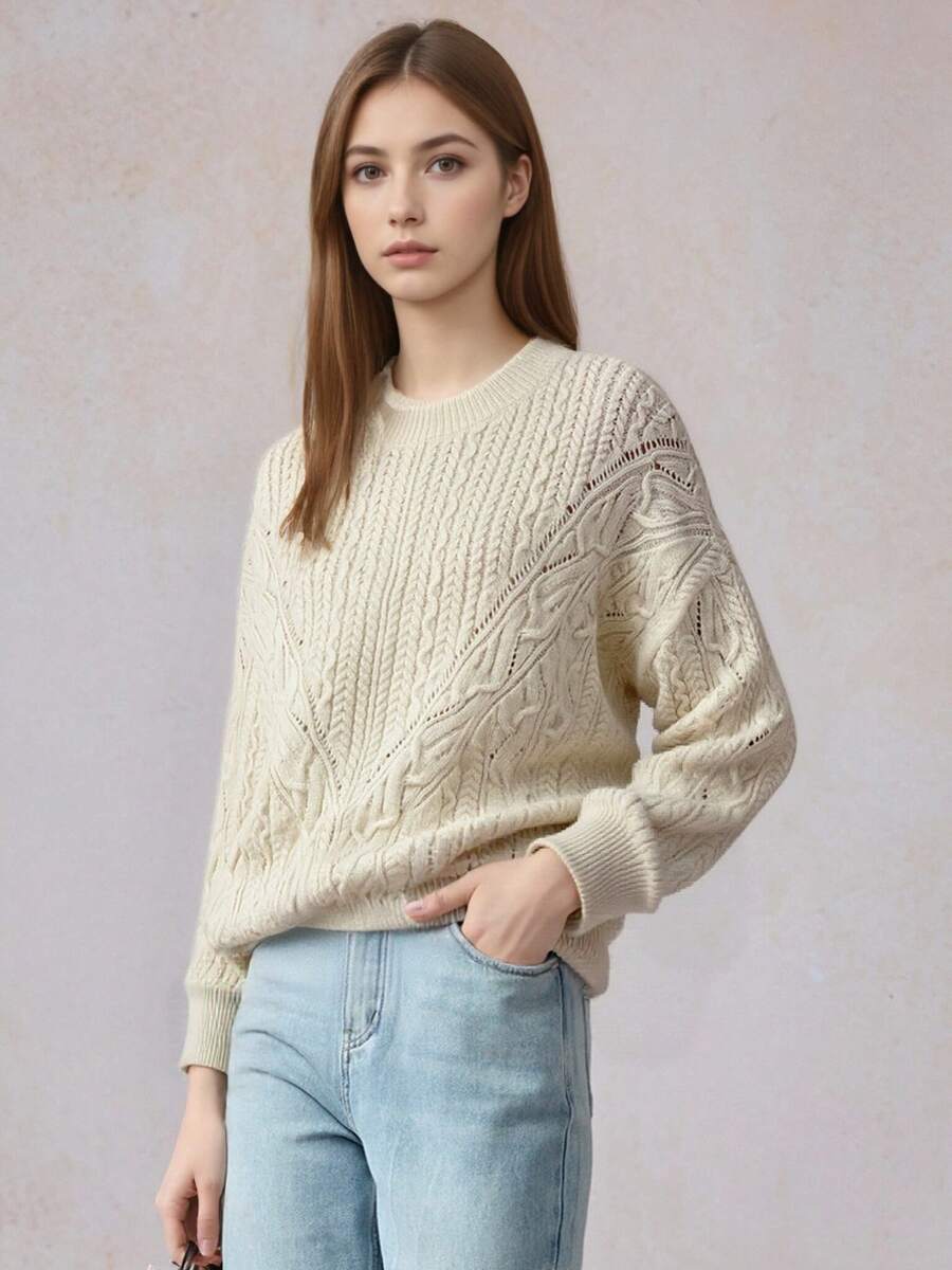 Pulover de damă cu mânecă lungă, casual, tricotat cu împletitură, culoare solidă, guler rotund, umeri căzuți, stil casual, la modă și versatil