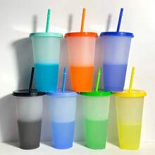 10/20/30 Pack Color Changing Plastic Cup With Lid And Straw, 24oz Iced Coffee Tea Smoothie Cup, Reusable Large Cup, Suitable Adults, Women, Party, Fit Parties, Halloween, Valentine's Day, New Year Surprise Parties, Birthday Party Supplies - 加冰水變色杯 - 查看 7