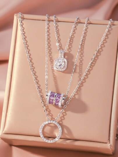 Set de 3 piezas! Conjunto de collar con cuentas de corazón de cristal morado y diamantes de imitación en color dorado/plateado, cadena de clavícula de alta gama para uso diario y fiestas