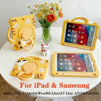 Cute Cat Design Tablet Case Compatible With Ipad A16 11th/10th/Mini/56789th/Air/Pro S6lite A7 A8 A9 Plus, With 360° Rotating Ring Stand & Portable Handle, Shockproof Silicone Cover