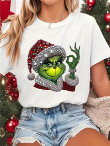Camiseta playera básica gráfica estampada casual dama mujer manga corta cuello redondo look casual relajado cómodo versátil fresca ligera colorido diseño navidad año nuevo efecto pedrería navideño clásico - Blanco - Ver 1