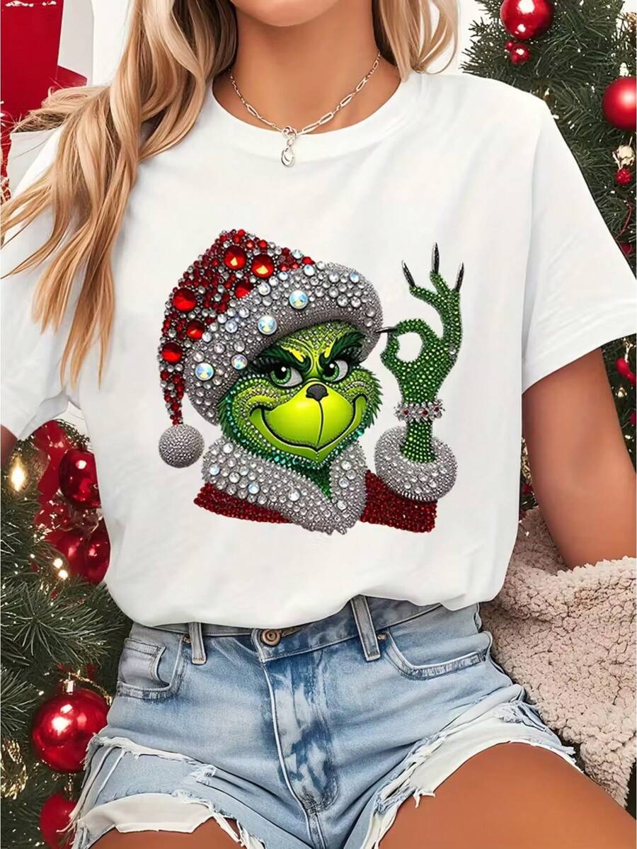 Camiseta playera básica gráfica estampada casual dama mujer manga corta cuello redondo look casual relajado cómodo versátil fresca ligera colorido diseño navidad año nuevo efecto pedrería navideño clásico - Blanco - Ver 1