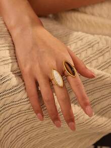 قطعتان من الحلقات المفتوحة المطلية بالذهب من الفولاذ المقاوم للصدأ، مرصعة بأحجار كريمة بيضاء وعين النمر، مناسبة للنساء أو كهدايا