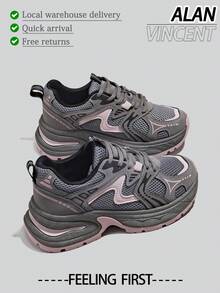 Alan Vincent[Free Returns And Exchanges][Local Delivery][Quick Arrival][City Sneaker Series]Women's Sneakers New Thick Soled Height-Increasing Women's Gray And Pink Shoes Fashionable And Comfortable Soft Shoes Can Be Paired With Various Pants And Clothes Outdoor Sports Shoes Street Style Box Packaging - 灰色 - 查看 1